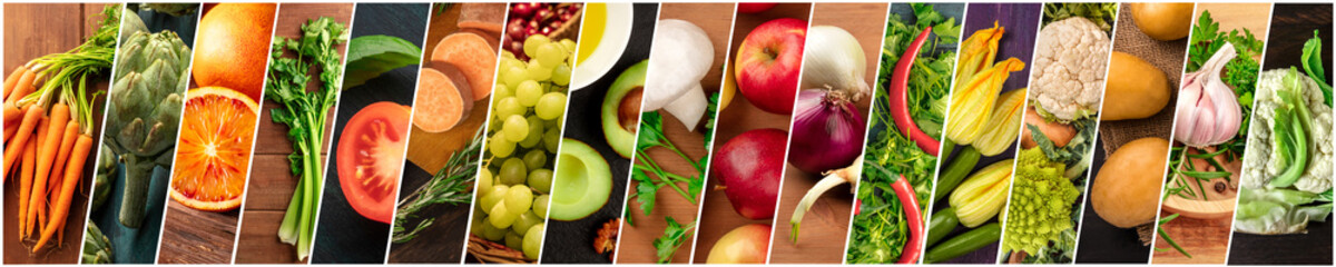 Organic Food Collage. Many photos of fresh vegetables, panoramic vegan design