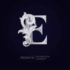 Elegant letter E with floral baroque ornament. Serif capital letter is surrounded with white decorations in 3D style. Exclusive colored effect designs for Logo, Monogram, Emblem, Initial, Invitation,