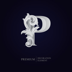 Elegant letter P with floral baroque ornament. Serif capital letter is surrounded with white decorations in 3D style. Exclusive colored effect designs for Logo, Monogram, Emblem, Initial, Invitation,