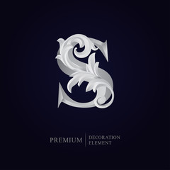 Elegant letter S with floral baroque ornament. Serif capital letter is surrounded with white decorations in 3D style. Exclusive colored effect designs for Logo, Monogram, Emblem, Initial, Invitation,