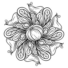 Black and white autumn ornament. Pumpkins and autumn floral motifs coloring page