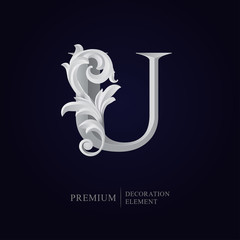 Elegant letter U with floral baroque ornament. Serif capital letter is surrounded with white decorations in 3D style. Exclusive colored effect designs for Logo, Monogram, Emblem, Initial, Invitation,