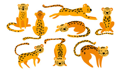 Cute cartoon leopards set. Funny animals isolated on white background. Flat vector illustration. © Alisa
