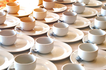 Selective focus role of clean white coffee cup in the hotel prepare for coffee break meeting
