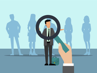 Employer choose candidates with magnifier. Group of people and choice of best employee. Business employees recruitment vector illustration.