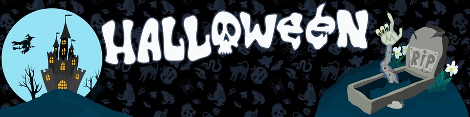 poster halloween witch on a broomstick and zombies