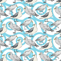 Sky bird seagull in a wildlife. Black and white engraved ink art. Seamless background pattern.
