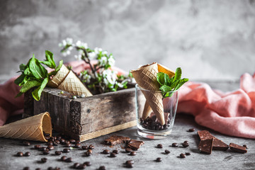 Chocolate ice cream and spring flowers