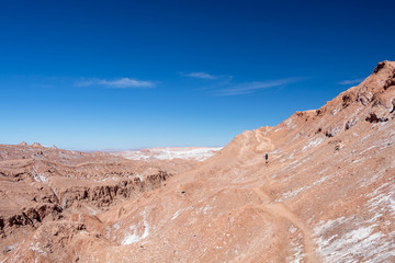 Young casual man with backpack on the path at moon like landscape of Valle de la Luna (Moon valley), Chile