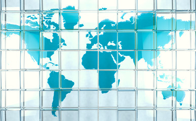 Technology and science background with world map.3d illustration.Cyberspace and internet concept and blue and white map