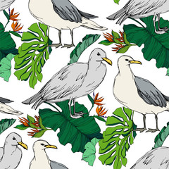 Sky bird seagull in a wildlife. Black and white engraved ink art. Seamless background pattern.