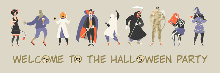 Halloween vector banner with funny cartoon people dressed in costumes of monsters and fairy-tale characters