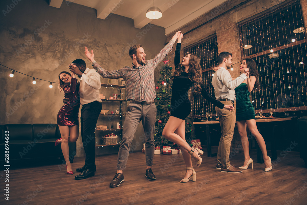 Sticker full length photo of cheerful lover dance have christmas time x-mas party in house with newyear ligh