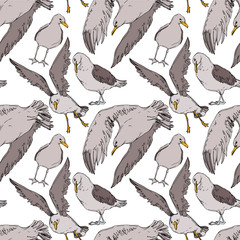Vector Sky bird seagull in a wildlife. Black and white engraved ink art. Seamless background pattern.