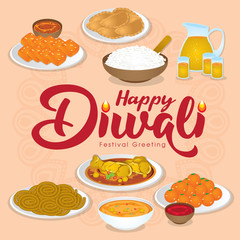 Diwali/Deepavali vector illustration with  Happy indian family enjoy the traditional festival foods/ meal (Murukku, Ladoo / Laddu, Curry, Curry Puff, Halwa and Rice)