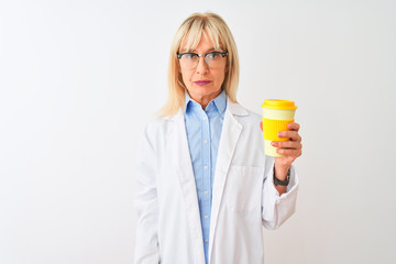 Middle age scientist woman wearing glasses drinking coffee over isolated white background with a confident expression on smart face thinking serious