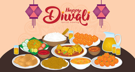 Diwali/Deepavali vector illustration with  Happy indian family enjoy the traditional festival foods/ meal (Murukku, Ladoo / Laddu, Curry, Curry Puff, Halwa and Rice)