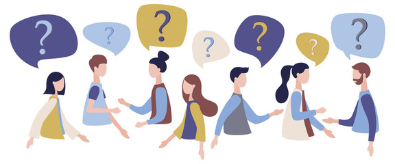 Fototapeta na wymiar Group of people talking. People around question marks. Question answer metaphor. Modern flat cartoon style. Vector illustration