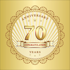 70 year anniversary, vector design logo in openwork circle with ribbon on golden background for celebration, invitation and greeting card for 70th anniversary