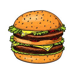 Big burger in vintage style. Fast food illustration for banners or posters. Hand drawn sandwich with vegetables and a bun.