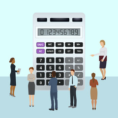 Accounting and finance analytics vector illustration. Men and women analyze company financial situation calculating. Business accountants people group standing near big calculator