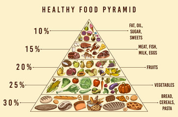 Healthy food plan pyramid. Infographics for Balanced Diet percentage. Lifestyle concept. Ingredients for meal plan. Nutrition guide. Hand drawn in vintage style.