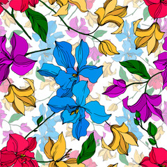 Vector Orchid floral botanical flowers. Black and white engraved ink art. Seamless background pattern.