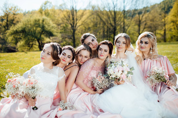 Group portrait of bride and bridesmaids. Wedding. Bride in wedding dress and bridesmaids in pink...