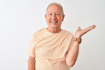 Senior grey-haired man wearing striped t-shirt standing over isolated white background smiling cheerful presenting and pointing with palm of hand looking at the camera.