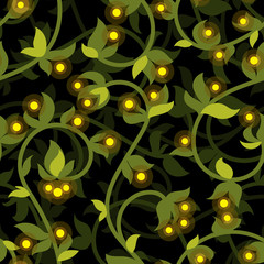 Seamless pattern with branches, leaves and fireflies