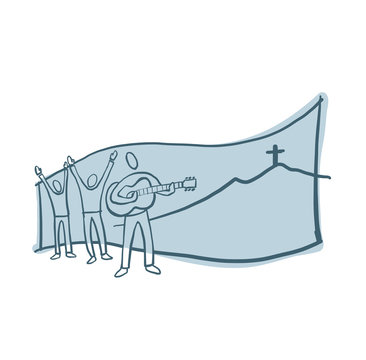 guitar player singing with raised hands clip art preview