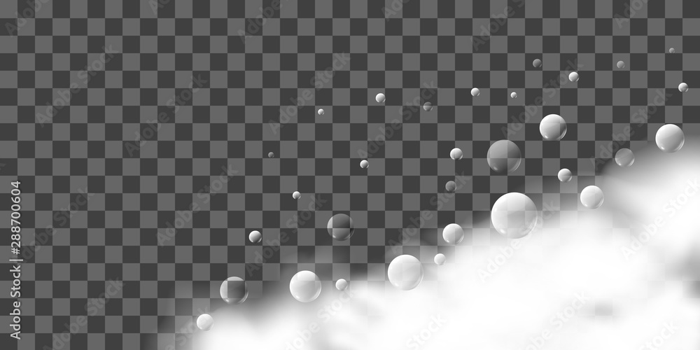 Poster bath foam with shampoo bubbles on transparent background, vector overlay texture.