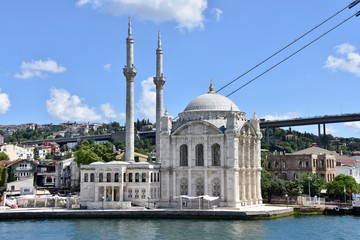 Fototapeta na wymiar Ortakoy Mosque, Wide Shot, with 15 July Martyrs Bridge, Istanbul, Turkey