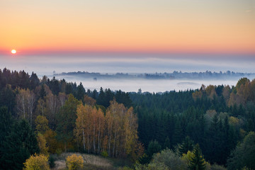 Fototapeta na wymiar Morning landspace with sun rays. Beautiful landscape with forest and fog.Lithuanian landscape.