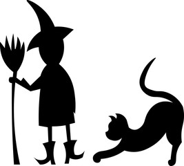 Halloween picture. Witch and cat. Black silhouettes.