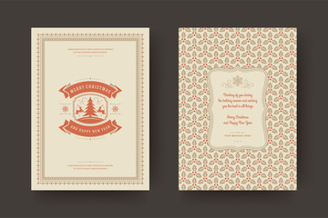 Christmas greeting card vintage typographic design, ornate decorations symbols with tree, winter holidays wish