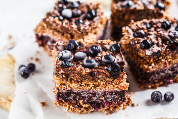 Raw vegan coconut chocolate dessert with blueberries . Healthy vegan food concept.