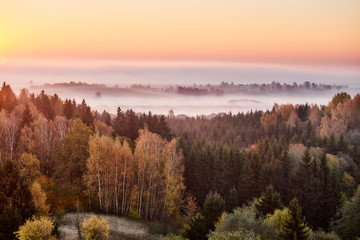 Morning landspace with sun rays. Beautiful landscape with forest and fog.Lithuanian landscape.