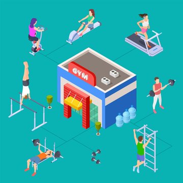 Isometric sport club concept. Vector gym building and fitness equipment. Fitness people training. Illustration sport equipment for training and workout