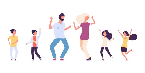 Flat dancing people. Happy kids and adults dancers vector characters. Male and female dance battle concept. Illustration dancer man and woman, dancing children