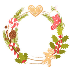 Christmas wreath frame for holiday card. Decor with evergreen branches, holly, ginger biscuits, Christmas sock, lollipop and cone