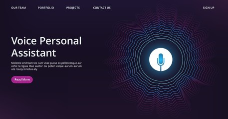 Voice assistant landing. Web page template with vector sound wave and microphone. Illustration voice assistant technology, microphone personal help