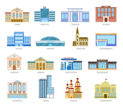 Government flat houses. Bank hospital school university airport police library church. Municipal city buildings exterior vector icons. Museum and library, gas station and restaurant illustration