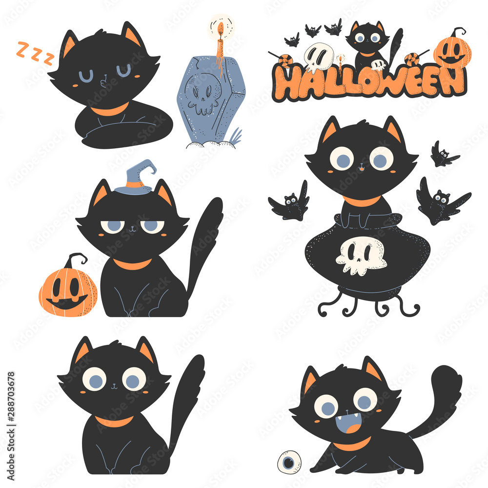 Wall mural Black cats vector cartoon cute pets characters set for Halloween isolated on white background.