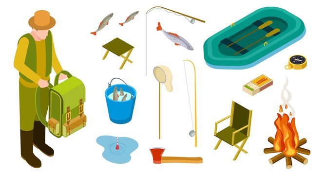 Fisherman isometric. Fishing tool vector set. Rubber boat, fire, fishing rod, landing net, bucket isolated white background. Fishing equipment bucket and net, fisherman outdoor with rod illustration