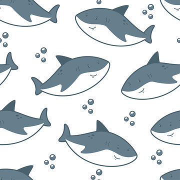 Cute shark vector seamless pattern on a white background for wallpaper, wrapping, packing, and backdrop.