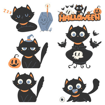 Black cats vector cartoon cute pets characters set for Halloween isolated on white background.