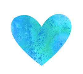 Hand drawn watercolor blue sea heart isolated on white background. Gradient textured brush element for Valentine's Day card, T-shirt design. Illustration