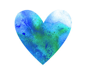 Hand drawn watercolor blue sea heart isolated on white background. Gradient textured brush element for Valentine's Day card, T-shirt design. Illustration