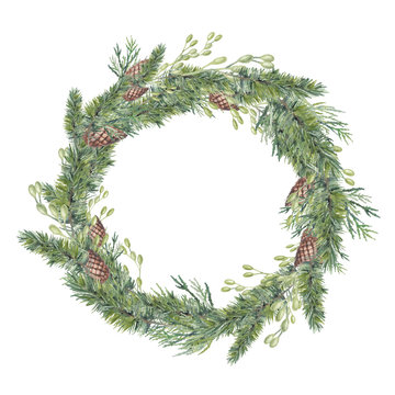 Watercolor Christmas tree and mistletoe wreath. Hand painted vintage round frame with branches, pinecone and leaves isolated on white background. Traditional decorative element